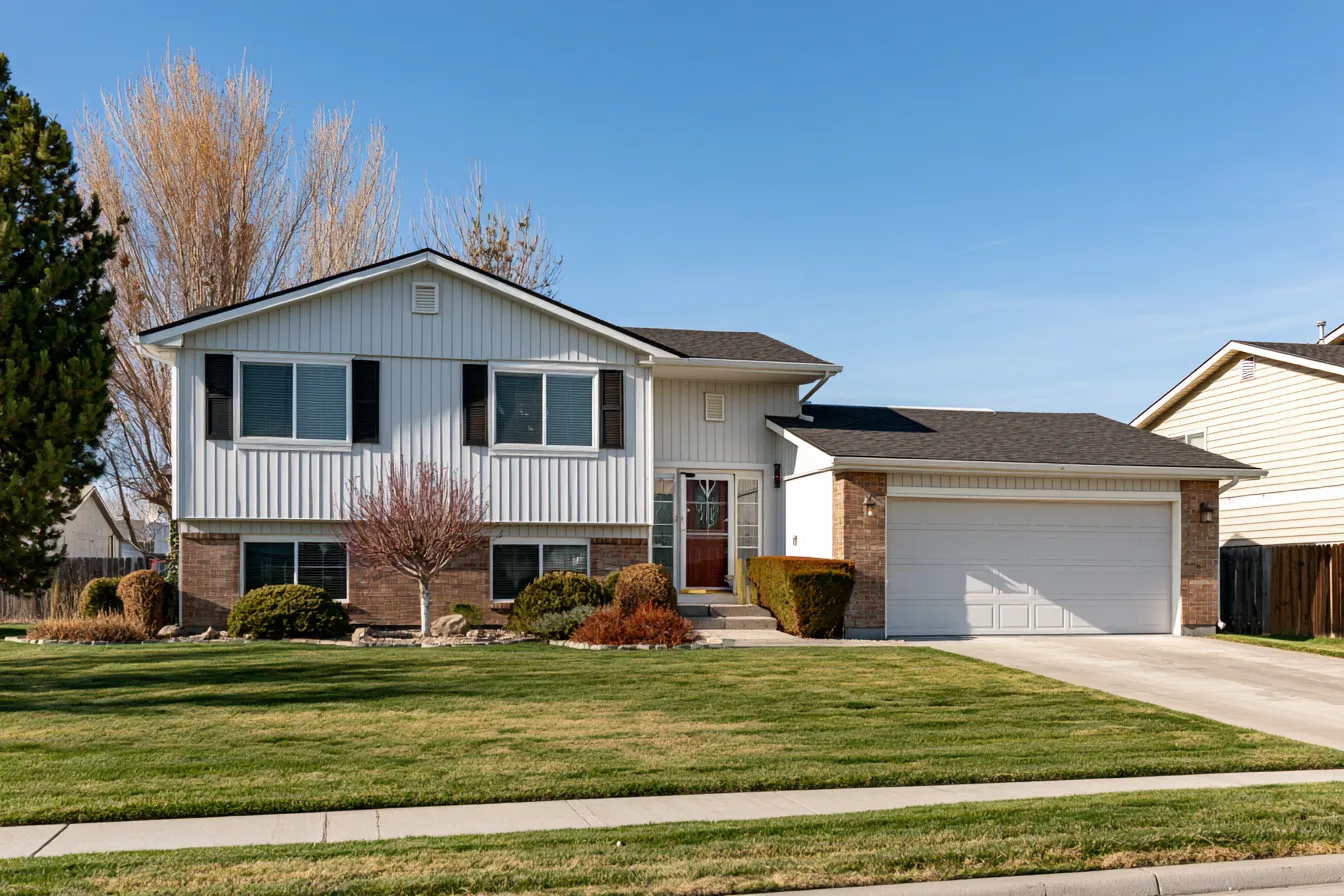 Light siding and a brick lower level define this split-level home beneath a dark shingle roof