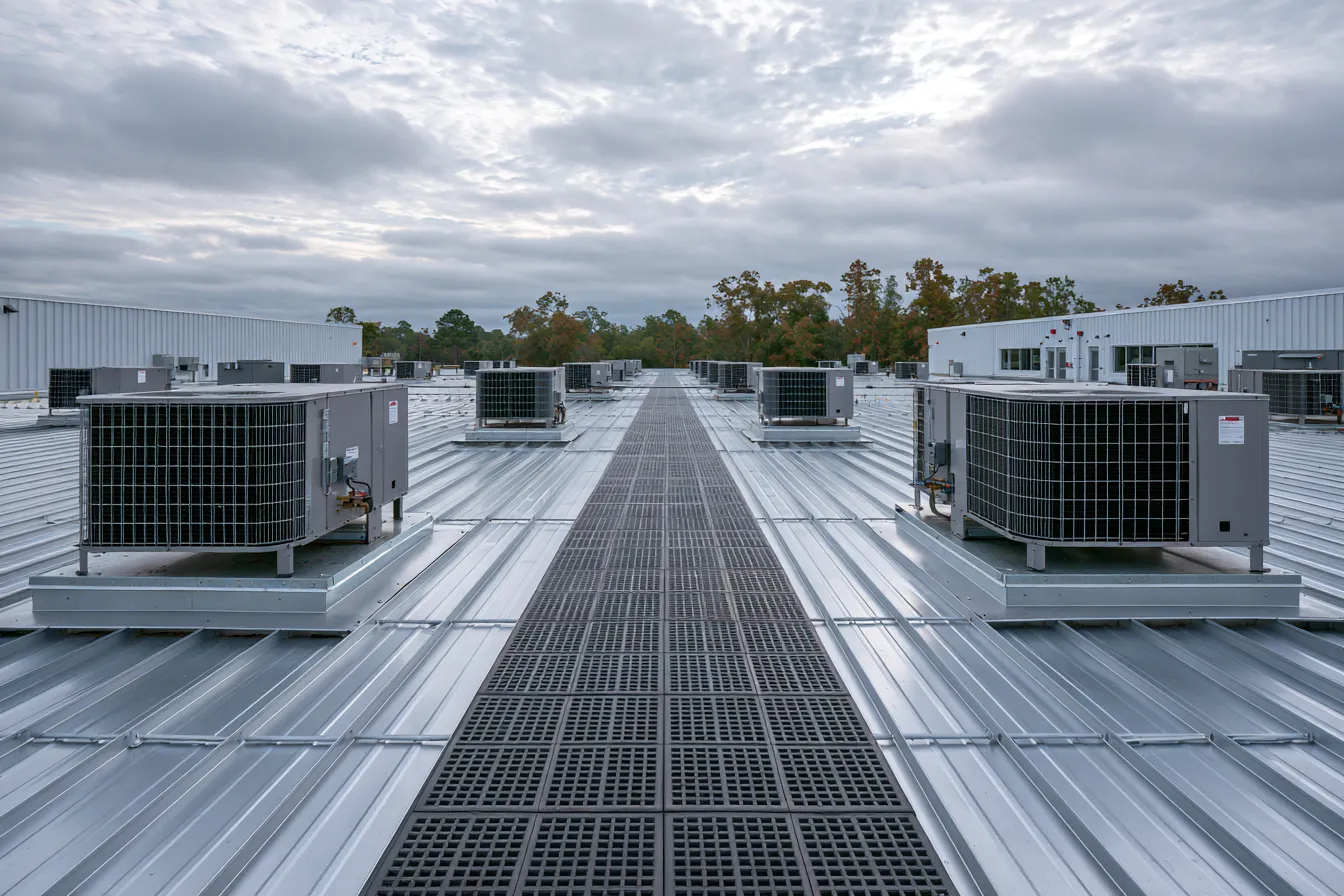 Rooftop equipment set on a commercial metal roof